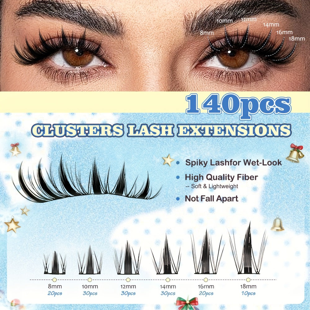 Fairy Lash Clusters Kit, 8mm-18mm Manga C Curl Anime Eyelash Extension Kit Individual Spike Lashes Volume Natural With Spikes Wet-Look Spiky