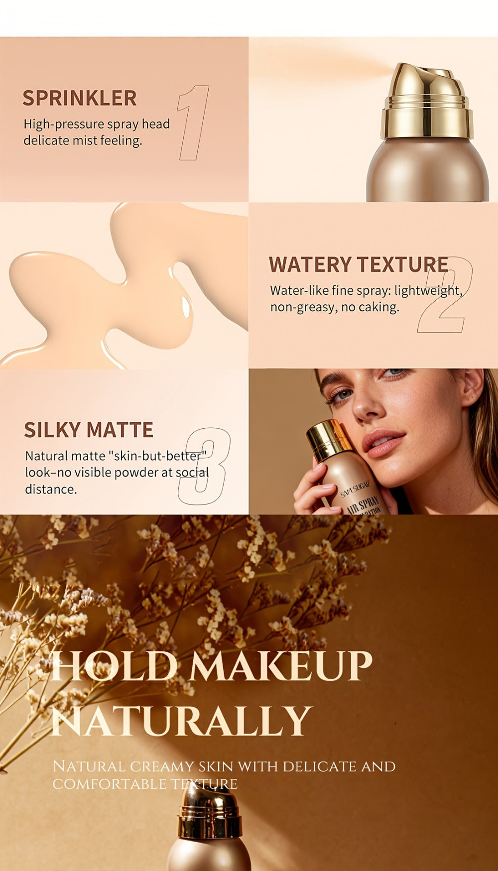 Matte Foundation Spray Powder with Brush Set — Waterproof Sweat-Proof Long-Lasting Full Face Coverage, Natural Finish for All Skin Types