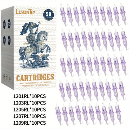 Tattoo Cartridge Needles 50pcs Mixed #12 — Lumentip RL RS RM M1 Stainless Steel, Safety Membrane, Fits All Tattoo Machines & Pens, for Artists & Beginners