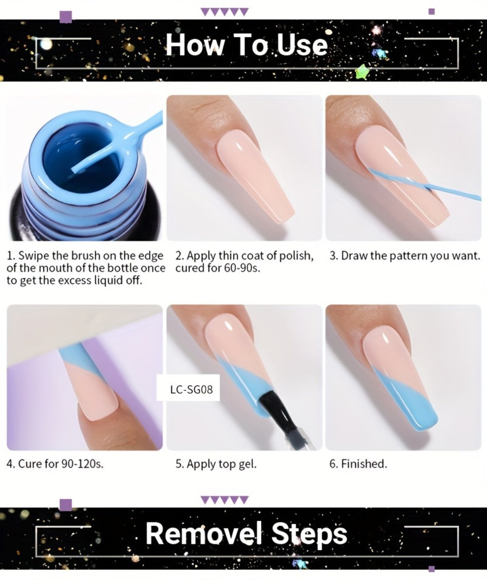 LYCUTE 0.17oz 6-Pack Super Glitter Reflective Color Eyeliner Gel Nail Polish Ultra Fine Brush Tip Stripe Drawing Gel