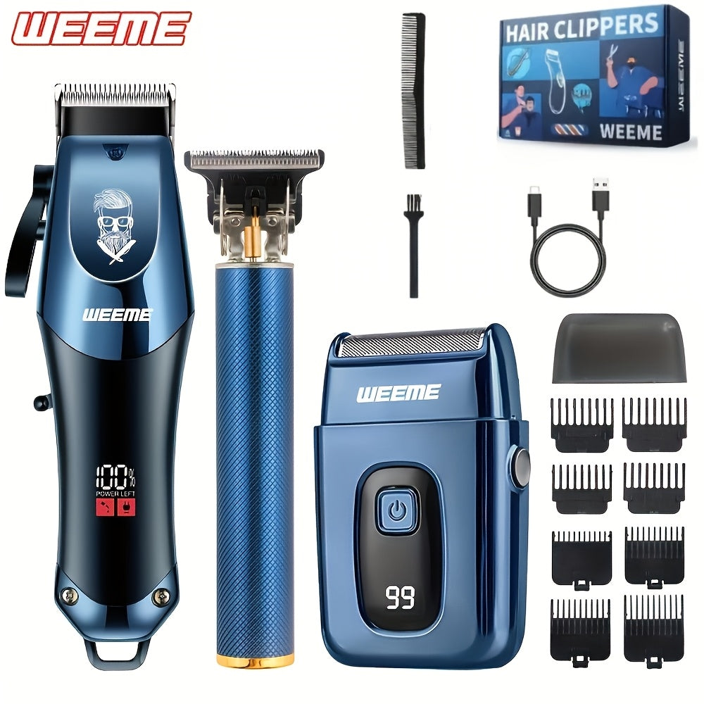 [Valentines Day Gift] WEEME 4pcs 3pcs 2pcs Set Golden Blue Black Silver Hair Clipper for Men - USB Rechargeable Hair Cutting Kit Including Electric Razor, T-Blade Trimmer, 8 Limit Combs, USB Cable, Cleaning Brush and Combs - Valentines Day Gift Items