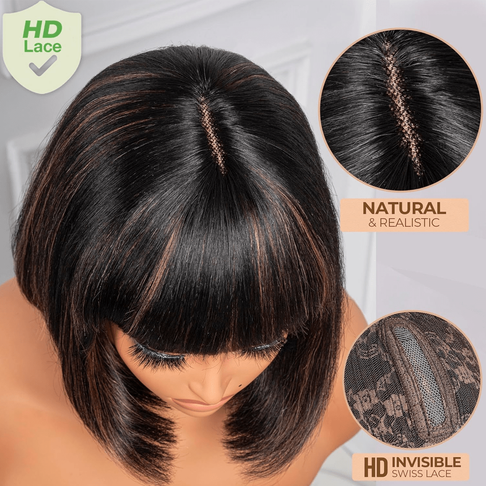 Easy-To-Wear Brazilian Human Hair Wig with a Short Blonde Bob Style, Featuring a 3X1 Lace Design And Bangs, in a Straight Cut with Color 1B/30