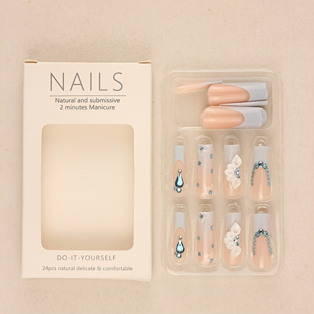 Press On Nails 96 Pieces 4 Packs + 4 Bracelets - Long Ballerina Fake Nails Blue Gradient 3D Flower Butterfly Rhinestone | Glossy Sparkling Full Cover False Nails & Beads Bangle Set for Women Girls