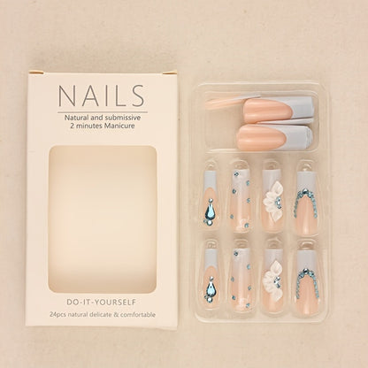Press On Nails 96 Pieces 4 Packs + 4 Bracelets - Long Ballerina Fake Nails Blue Gradient 3D Flower Butterfly Rhinestone | Glossy Sparkling Full Cover False Nails & Beads Bangle Set for Women Girls