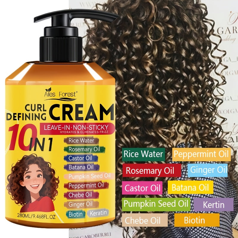 1 Bottle 9.47 oz 10-in-1 Curl Defining Cream | Moisturizing, Leave-in Non-Sticky Styling Cream for Adults - Enhances Curl Definition and Hydrates Hair, Suitable for Normal, Wave, and Curly Hair, Unisex, Fashionable Bottle Design