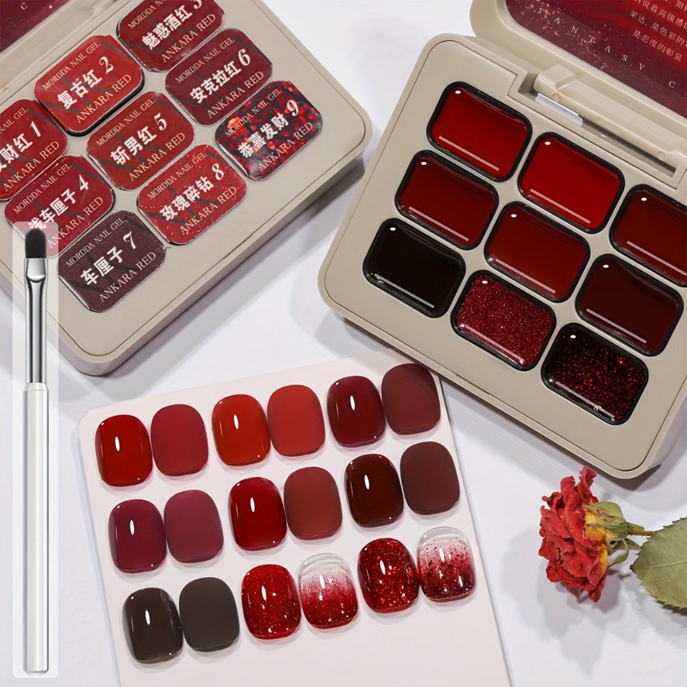 MORDDA 9pcs/set Ancola Red Solid Glue -- New Spring And Summer Nail Products Multifunctional Solid Nail Polish With Gradient Effects With Shiny Gloss And Fashionable LED Nails In High Saturation Colors A Top Choicefor Women's Manicures DIY