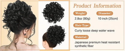 Messy Bun Hair Extension Drawstring Curly Ponytail - 80g Synthetic Loose Bun Piece for Women Thinning Hair Black Brown Burgundy 10 Inch