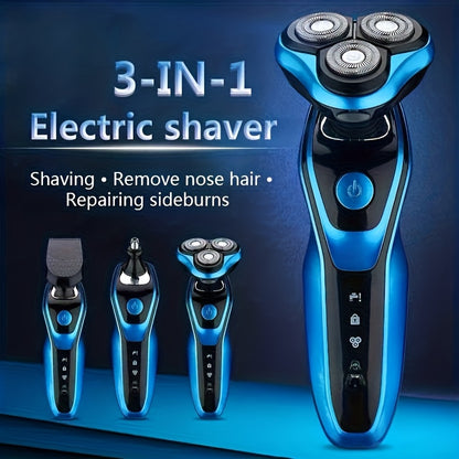 Electric Shaver for Men 3-in-1 USB Rechargeable Floating Blade Nose Hair Trimmer Sideburn Trimmer Digital Display Portable Grooming Kit Gift for Men Black Blue