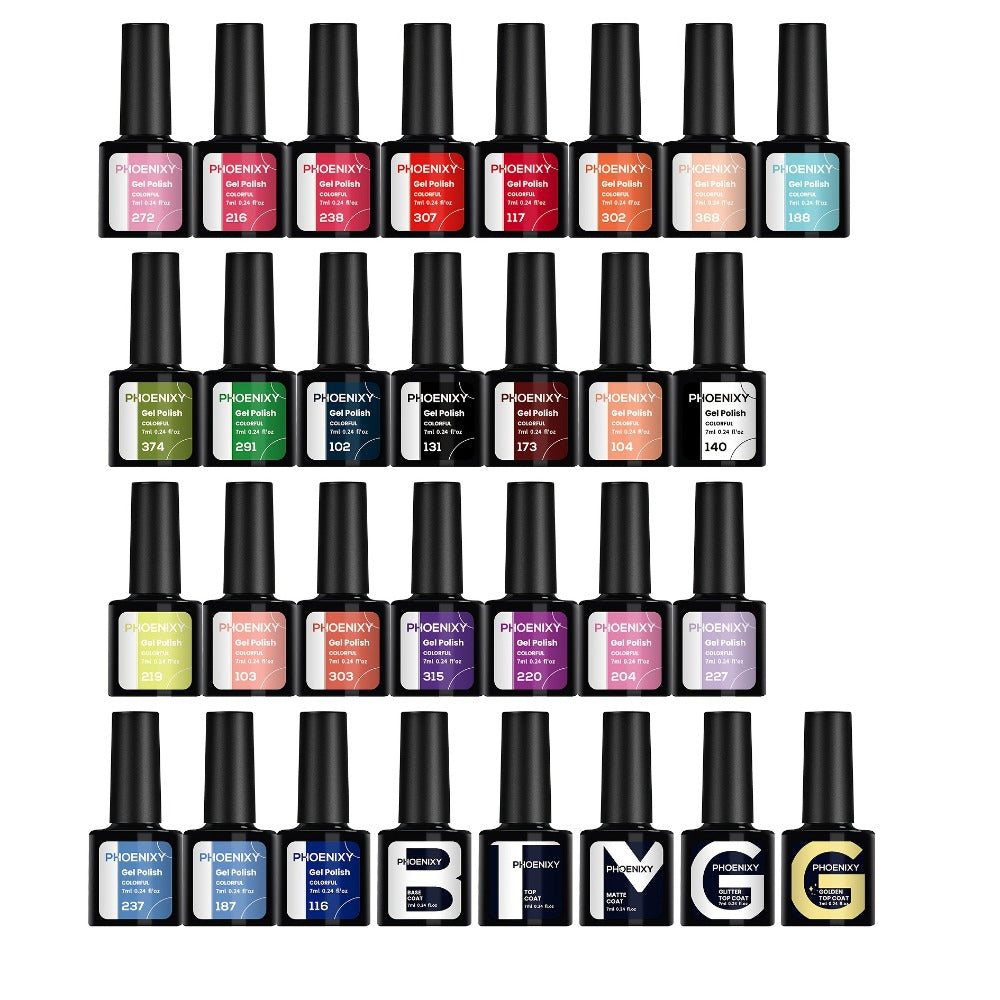 PHOENIXY 30pcs Pure Gel Set, Including Base Gel, Glossy Top Coat, Matte Top Coat, and Golden Glitter Top Coat