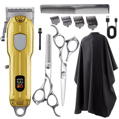 Barber Hair Clipper Kit for Men Professional USB Rechargeable Digital Size Adjustment Complete Set with Scissors 4 Limit Combs Cleaning Brush Gift for Dad Husband