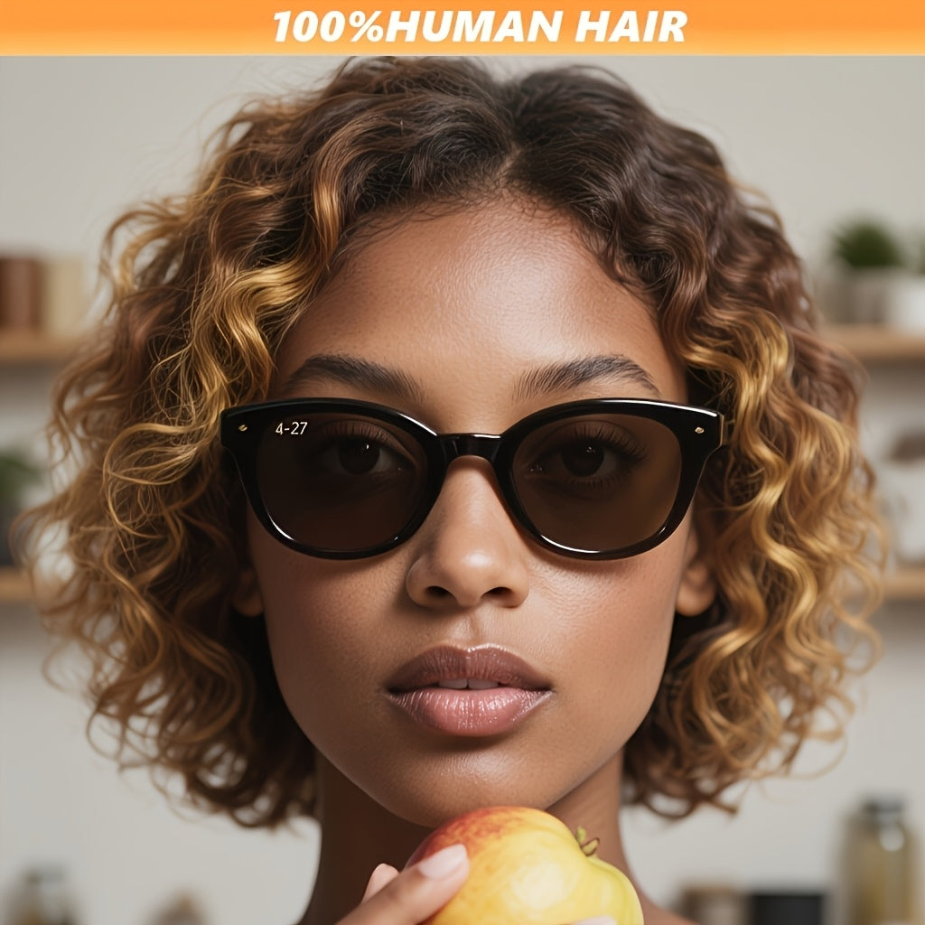 4/27 Highlight Curly Wigs Short Bob Wig 100%Human Hair Brazilian Water Wave Ombre Blonde Color 13x4 Full Lace Frontal Wig for Women