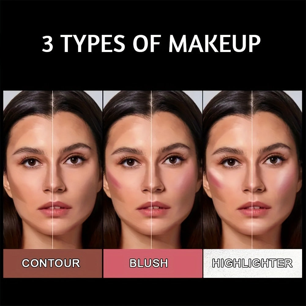 Creamy Blush Stick Makeup Kit — 4-Piece Set with Highlighter Bronzer Contour Stick & Brush | Waterproof Long-Lasting | Matte & Shiny Finish | Cheek Sculpting