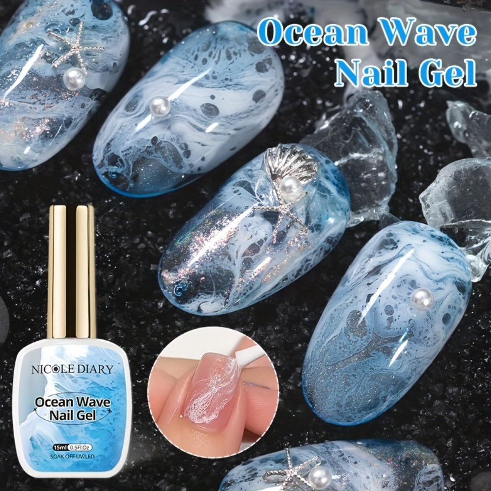 NICOLE DIARY 0.51oz Blue Sea Wave Bubble Gel Nail Polish - Marble Watercolor Ink Nail Art, at Home, Long-Lasting Glossy End, No Resin Remover Needed