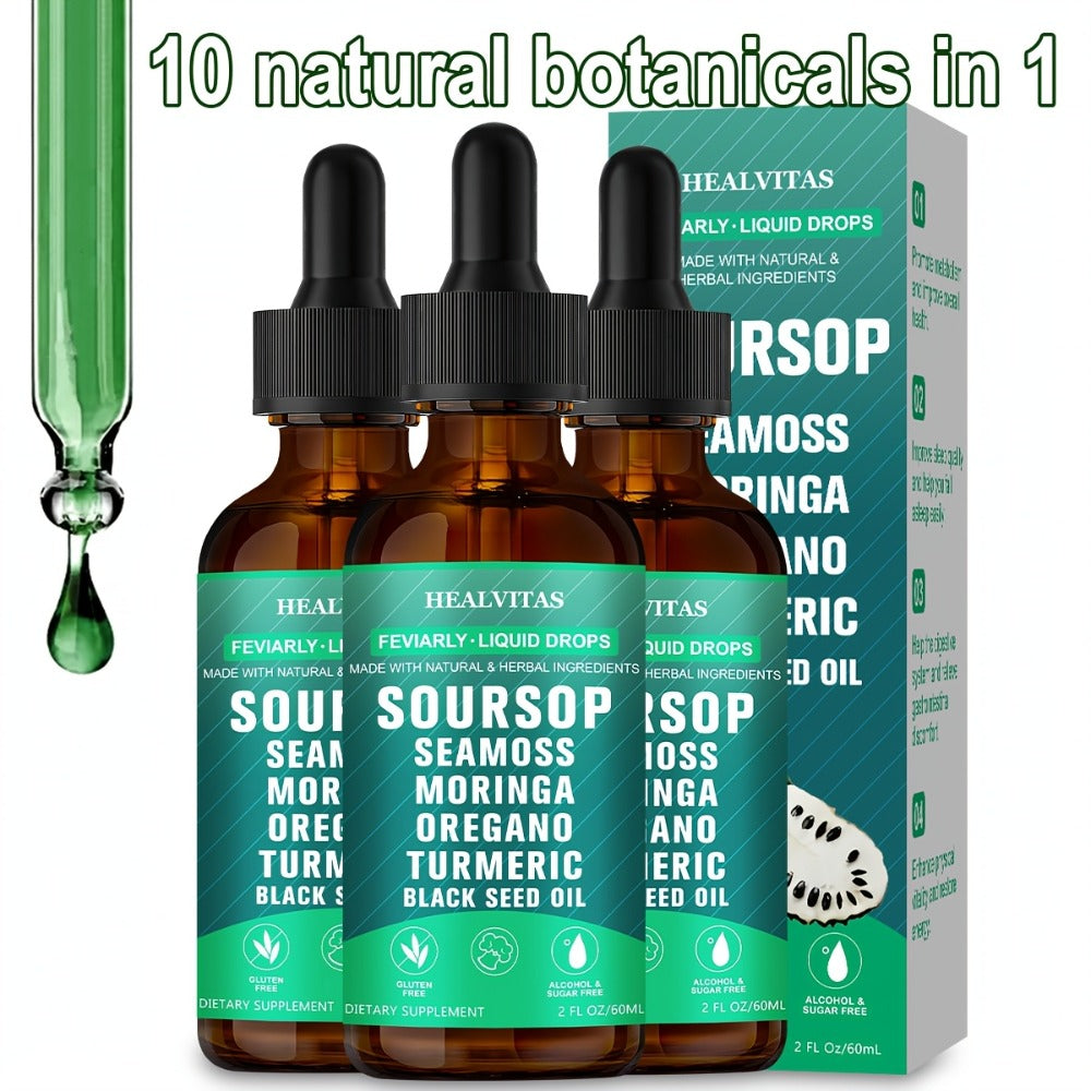 Natural Soursop Bitters Liquid 10-In-1, Highly Absorbable with Natural Soursop Seaweed Moringa Turmeric Black Seed Oil Oregano South African Drunken Tomato, Herbal Extracts Supports Digestion & Intestinal Health, Easy to Take Liquid Supplement, 2 oz