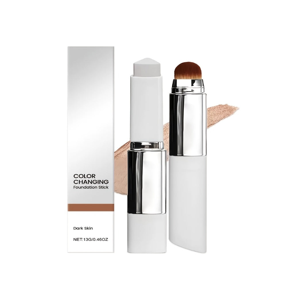 Color-Changing Foundation Stick 2PCS with Built-In Brush & Puff - Skin Tone Adapting Lightweight Matte Finish Sheer to Buildable Coverage Everyday Makeup for Women Ivory White Natural & Dark Skin