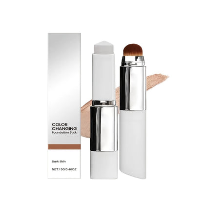 Color-Changing Foundation Stick 2PCS with Built-In Brush & Puff - Skin Tone Adapting Lightweight Matte Finish Sheer to Buildable Coverage Everyday Makeup for Women Ivory White Natural & Dark Skin