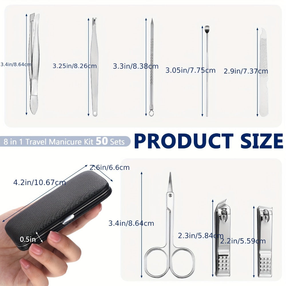 50 Set Travel Manicure Kit Nail Clippers Pedicure Professional Nail Care Tools Stainless Steel Grooming Nail Set with Portable Travel Case Gifts for Family Friend Personal (Black, 8 In1)