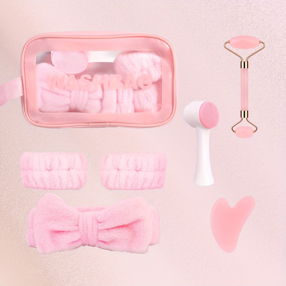 7pcs Facial Cleansing Massage Set, Includes 2 Wristbands + 1 Hair Band, 1 Double-Sided Silicone Face Brush, 1 Double-Headed Roller Massager, 1 Heart-Shaped Facial Scraping Board, 1 Pink Storage Bag, The Best Facial Cleansing And Massage Tool
