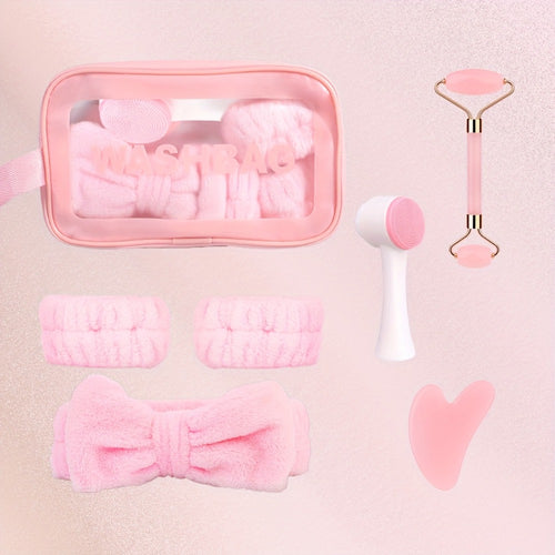 Facial Cleansing Massage Set 7Pcs Silicone Face Brush Double-Headed Roller Massager Heart Scraping Board Wristbands Hair Band Storage Bag Skincare Tool for Women