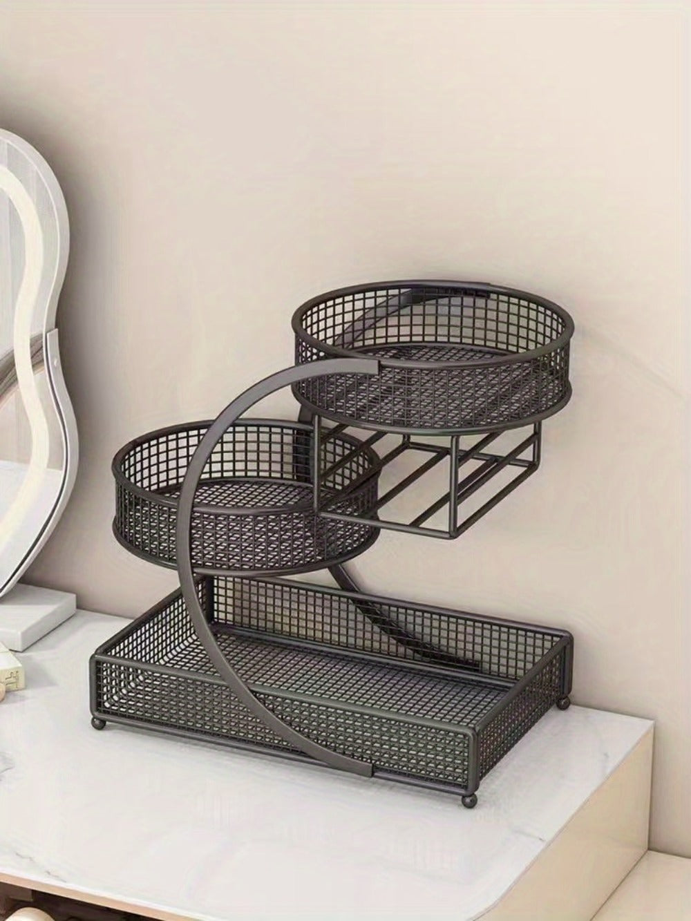 A 3-Tier Metal Cosmetic Organizer with a Varnished End, Featuring a Tissue Box. This Lightweight And No-Installation-Required Storage Rack Can Serve As a Dressing Table Or a Countertop Organizer in The Bathroom