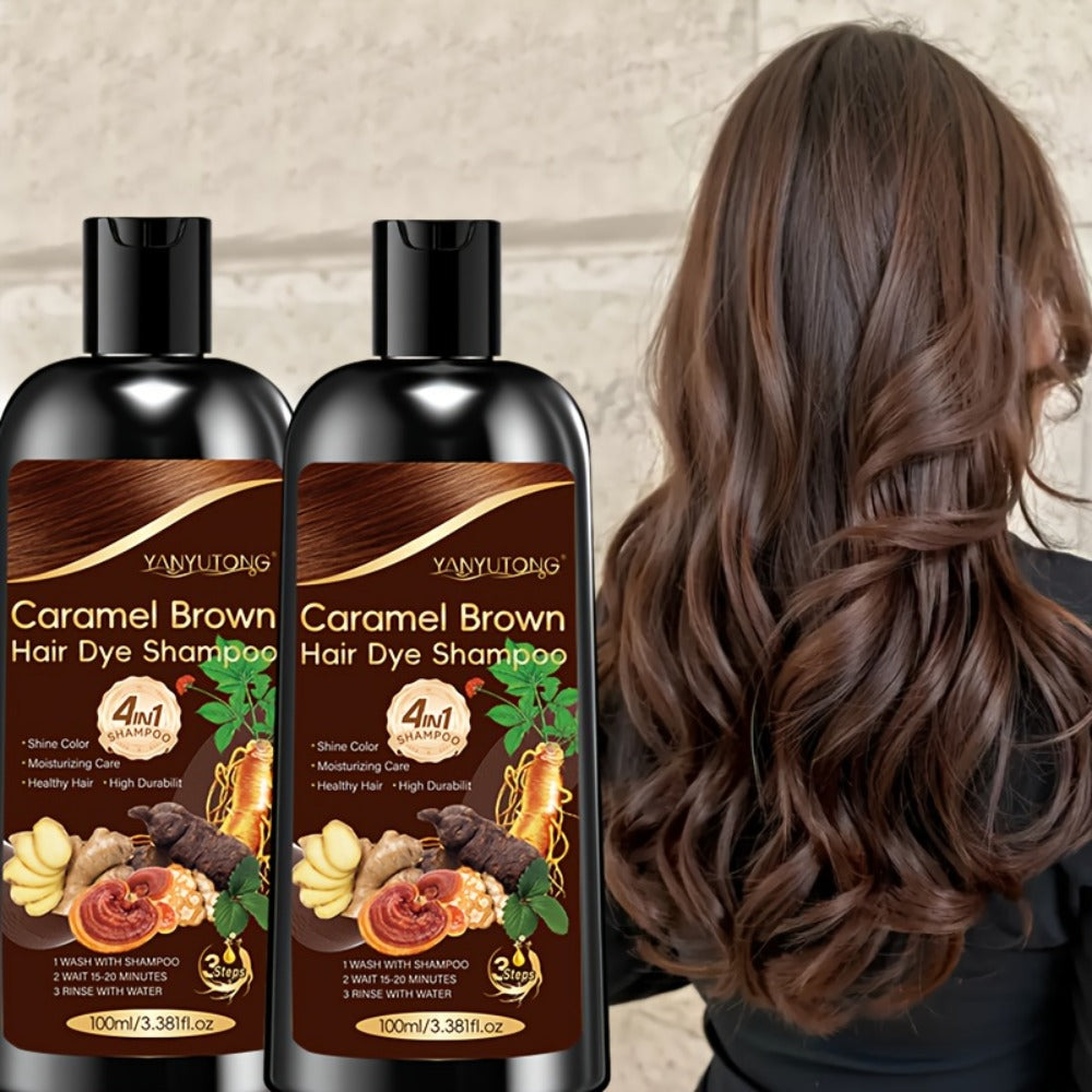 Caramel Brown Hair Dye Shampoo 4-in-1 with Ginseng, Reishi Mushroom & Ginger Extract - Instant Color, Shine, Volume & Smoothness, 3.38oz x 2 Bottles
