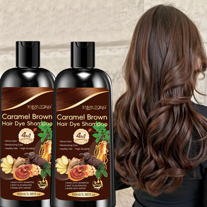 Caramel Brown Hair Dye Shampoo 4-in-1 with Ginseng, Reishi Mushroom & Ginger Extract - Instant Color, Shine, Volume & Smoothness, 3.38oz x 2 Bottles