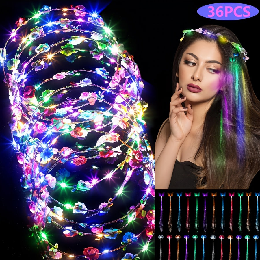 36pcs LED Flower Crowns Headbands, Flower Crowns For Women, Fiber Optic Lights, Light Up Party Favors, Mardi Gras Light Up Headbands Tiara Flower Crown Accessories For Wedding Beach Party Birthday Cosplay Halloween Christmas Day