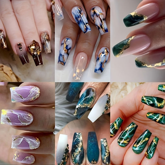 144pcs Coffin Press On Nails Medium Length Fake Nails Artificial False Nails with Blue Marble & Sequins Designs Glossy Acrylic Nails Nude Full Cover Glue On Nails for Women 6pcs