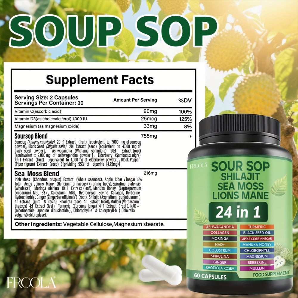 [Daily Wellness Supplement] Natural Soursop, Shilajit, Sea Moss, Lions for Mane 24 IN 1 Capsule - 2238Mg Formula for Immune & Liver Health, Daily Wellness Supplement for Man And Woman - 120 Count