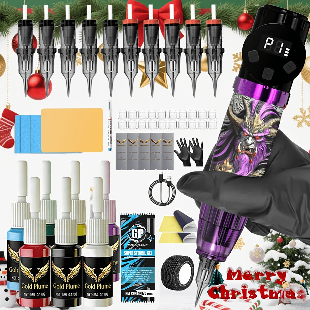 Tattoo Kit Complete Set Cordless Tattoo Gun 1500mAh Power Supply 10 Needles 7 Inks GOLDPLUME Rotary Machine for Beginners & Professionals — 50pcs Needles Available
