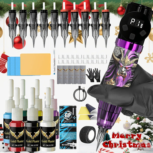 Tattoo Kit Complete Set Cordless Tattoo Gun 1500mAh Power Supply 10 Needles 7 Inks GOLDPLUME Rotary Machine for Beginners & Professionals — 50pcs Needles Available