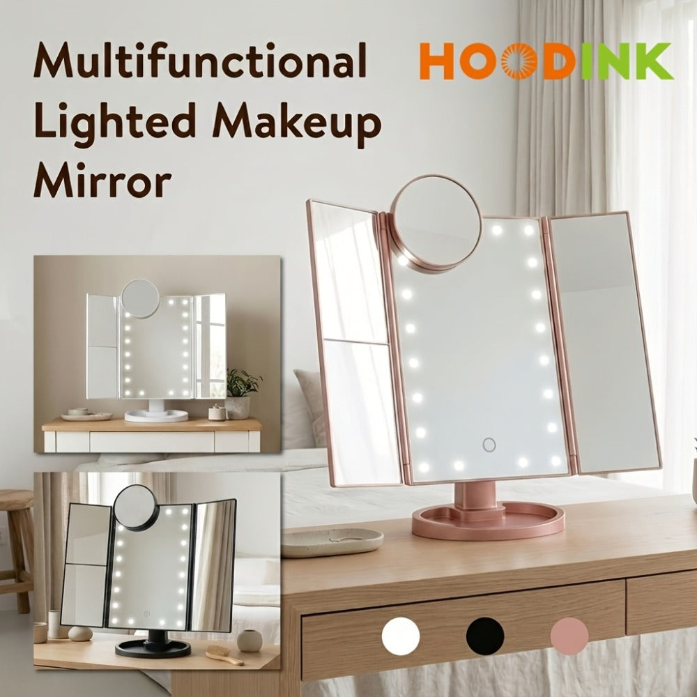 Makeup Mirror, Tri-Fold Lighted Adjustable Vanity Makeup Mirror with 21 LED Lights, Touch Screen And 3X/2X/1X Magnification (Free 10X Mini Mirror Included), Two Power Supply Modes, 360° Rotation, Ideal Gift Option (Rose Golden/White/Black)