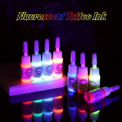 UV Fluorescent Tattoo Ink Kit 8 Colors Glow Under Blacklight - Safe Non-Toxic 5ml Bottles Professional Body Art Ink Set Vibrant Neon Colors