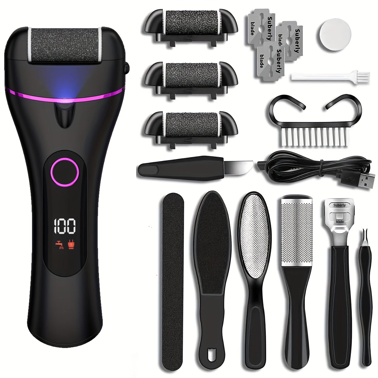 Electric Foot Callus Remover 14-in-1 Rechargeable Pedicure Kit with 3 Rollers 2 Speeds USB Powered Foot File Scrubber Dead Skin Remover for Cracked Heels Home Salon Use Black Purple