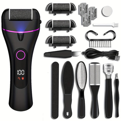 Electric Foot Callus Remover 14-in-1 Rechargeable Pedicure Kit with 3 Rollers 2 Speeds USB Powered Foot File Scrubber Dead Skin Remover for Cracked Heels Home Salon Use Black Purple