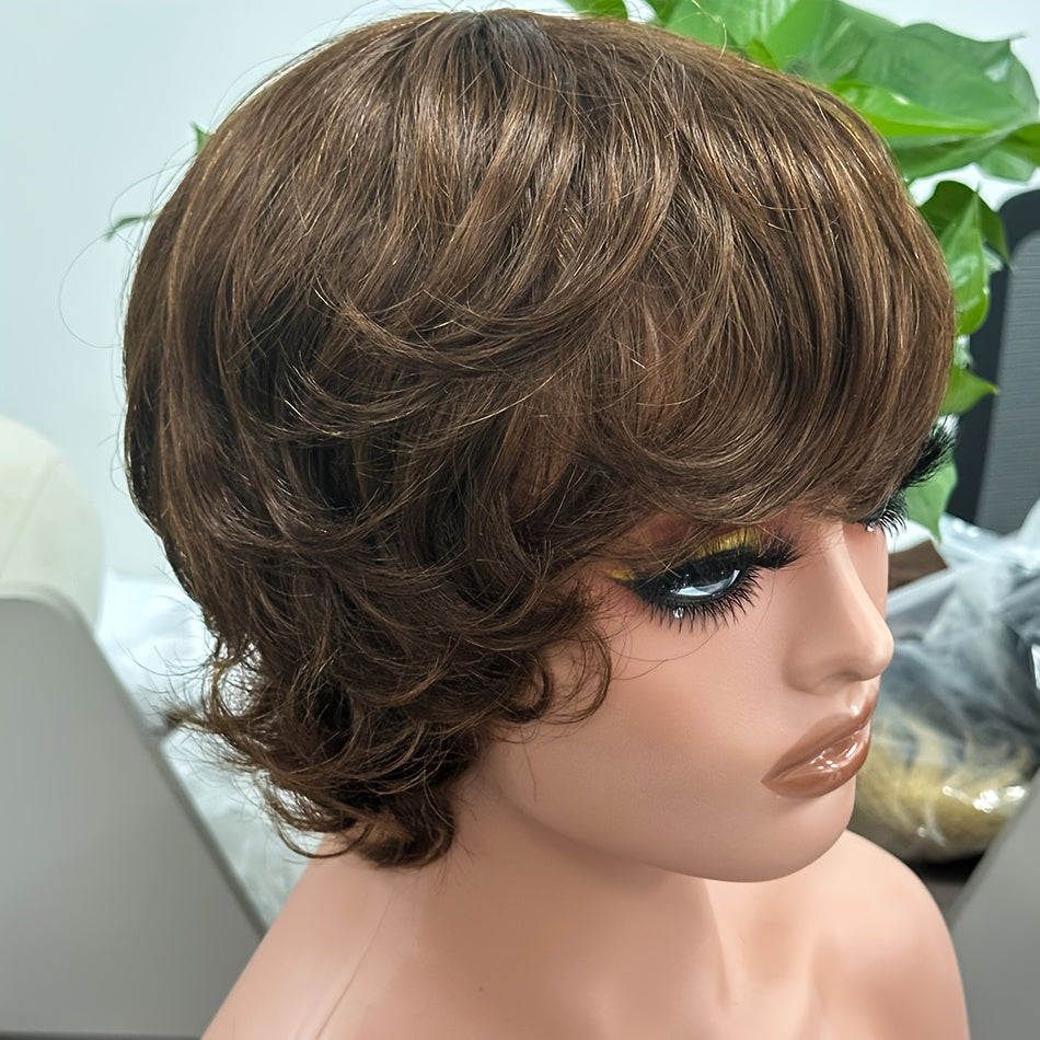 Brazilian Human Hair Wig Suitable for Skin Tones - Short Pixie Cut with Bangs, Glueless Layered Machine-Made Wig, Density & for Daily Wear, Throw-On-and-Go Short Black Hairpiece