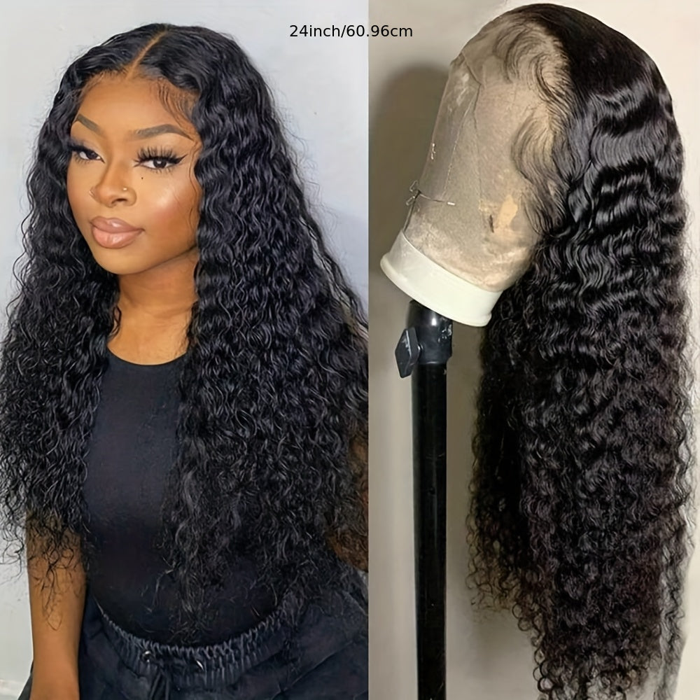 Long Loose Curly Wave Lace Front Wigs Pre Plucked Natural Black Color Glueless 13x4 Free Part Frontal Lace Replacement Wig for Fashion Women Ladies Daily Party Wear Heat Resistant Fiber 24 Inches 180% Density