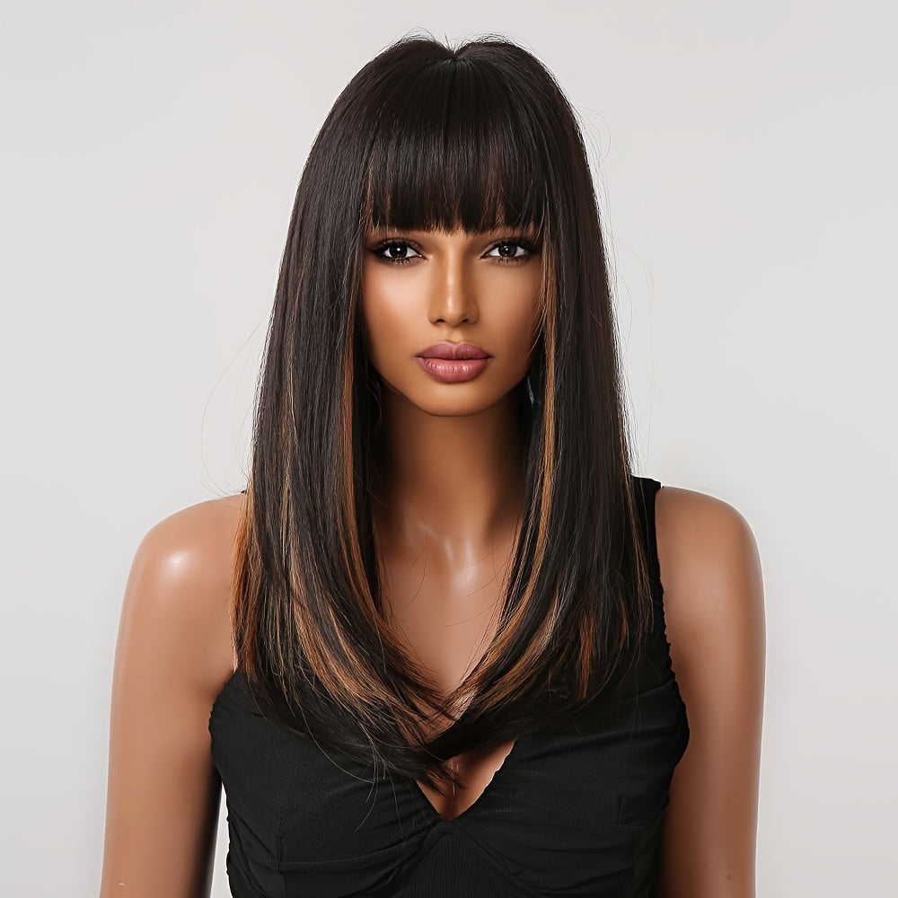 A 24-Inch Synthetic Wig Featuring Black Straight Hair with Orange Highlights And Bangs, Designed with a Headband for Women. It Includes a Dyed Rose Mesh Hat Made of Matte High-Temperature, Perfect for Fashionable And Trendy Everyday Wear. It'S Comfo