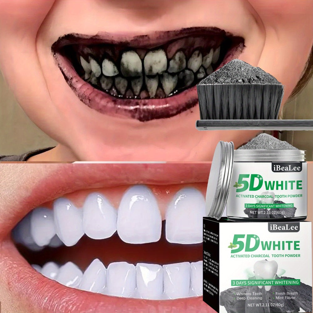 IBeaLee 5D White Activated Charcoal Teeth Powder - 3-Day Fast-Acting Stain Remover for Coffee & Tea, Natural Breath Freshener & Deep Cleaner, with Daily Use for Men & Women, Daily Dental Care, Polished Finish, Brightening Effect