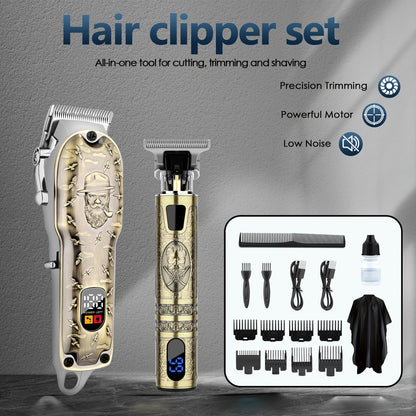 Electric Hair Clipper Set for Men LQT USB Charging 2000mAh with Engraving Scissors Metal Digital Display - 2 or 3 Piece Barber Kit for Home & Salon Bronze Gift