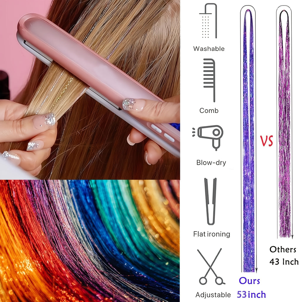 18 Colors Glitter Hair Tinsel Extensions Kit - 7700 Strands with Tools & Beads, 53 Inch Heat Resistant Sparkly Fairy Hair Additions for Women And Adults Over 18, Christmas Party Festival