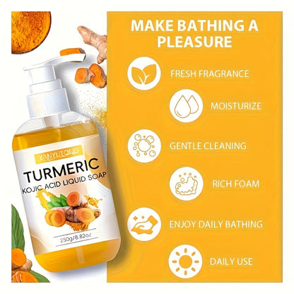 Turmeric Liquid Soap 250g - Deep Cleansing Body Wash with Kojic Acid, Rich Foam & Long-Lasting Fragrance, Gentle Moisturizing Skin Brightening Soap for All Skin Types