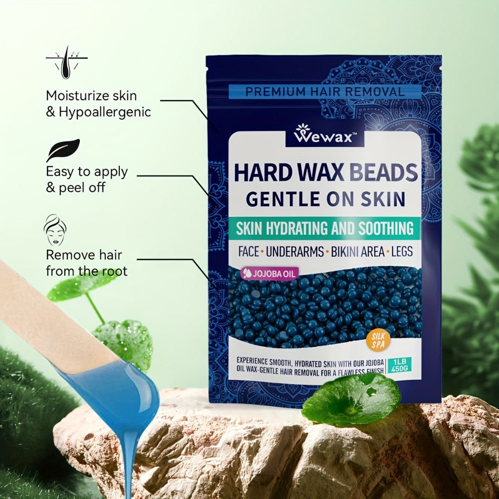 Hard Wax Beads for Hair Removal - 450g Brazilian Hard Wax Beads with Strong Adhesion, Precision Waxing for Body, Bikini, Legs & Underarms, At-Home Wax Kit for Women, Dark Blue & Light Blue
