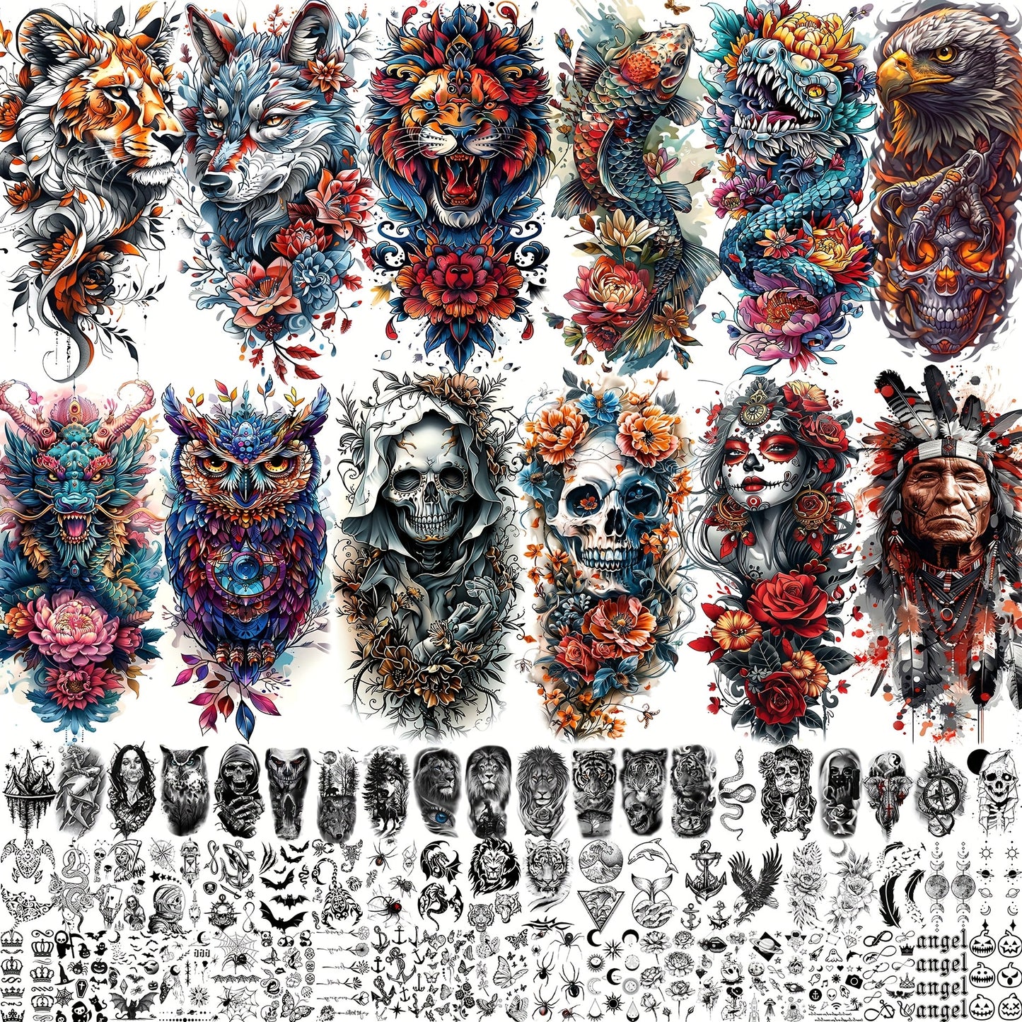 Temporary Tattoos for Adults 71 Sheets - Old School Halloween Tiger Wolf Lion Dragon Skull Floral Gothic Punk Chicano Body Art Fake Tattoos Long Lasting Waterproof for Parties Festivals Costumes