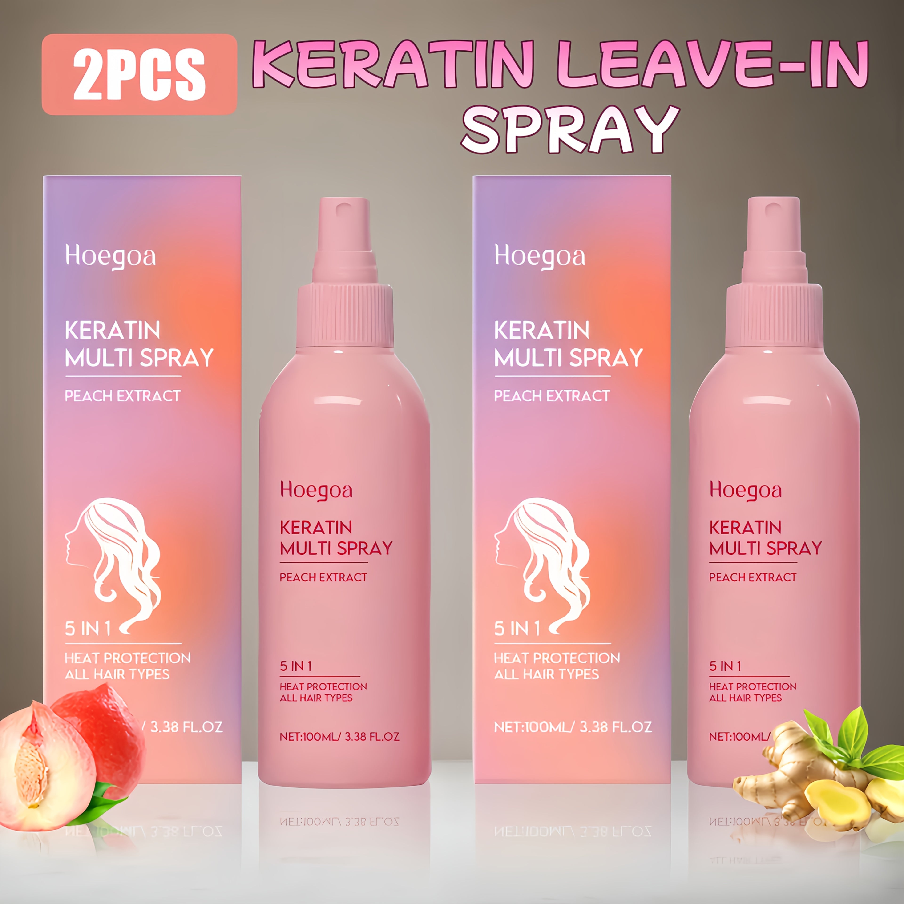 Set of 2 Fruity Peach Leave-In Conditioner Spray, Ideal for Styling Normal Hair with a Fluffy Look, Provides Hydration And Moisture, Lasting Scent, Heat-Resistant And No Rinse Required. Perfect Gifts for Valentine'S Day