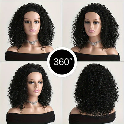 Headband Wig Curly Wavy Black Synthetic Glueless No Lace Elastic Cap Heat Resistant Fiber Beginner Friendly for Women Daily Wear Party Cosplay 12 16 22 Inch