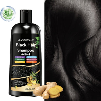 Black Hair Dye Shampoo 6-in-1 Gray Coverage - Castor, Batana, Coconut, Rosemary & Ginger Oil Formula, Instant Color, Glossy & Voluminous, Unisex, All Hair Types