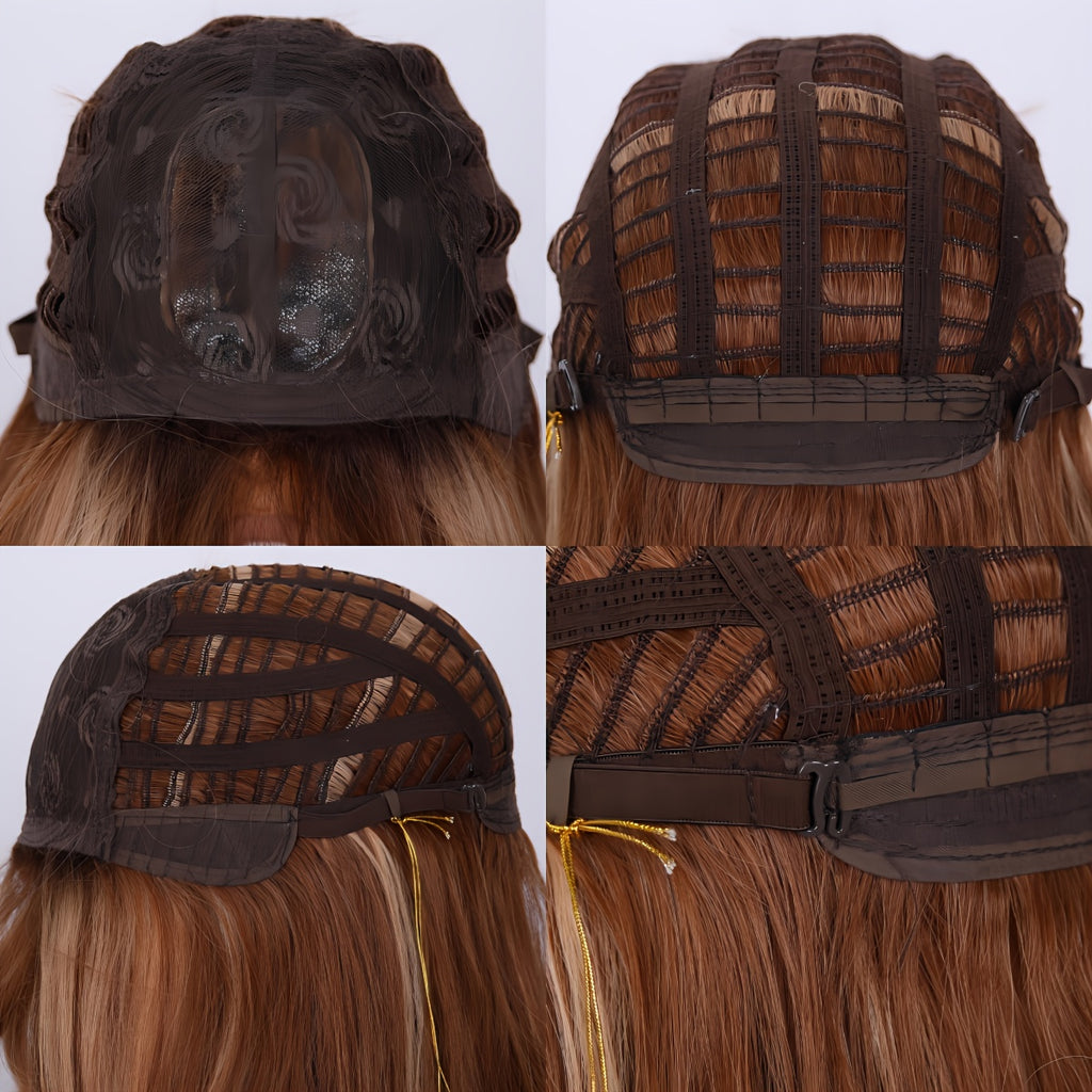 Women's 24-Inch Highlighted Brown Wavy Wig with Bangs-Soft Heat-Friendly Fibers, Natural Volume, Easy to Style, Great for Everyday Use, Parties & Cosplay