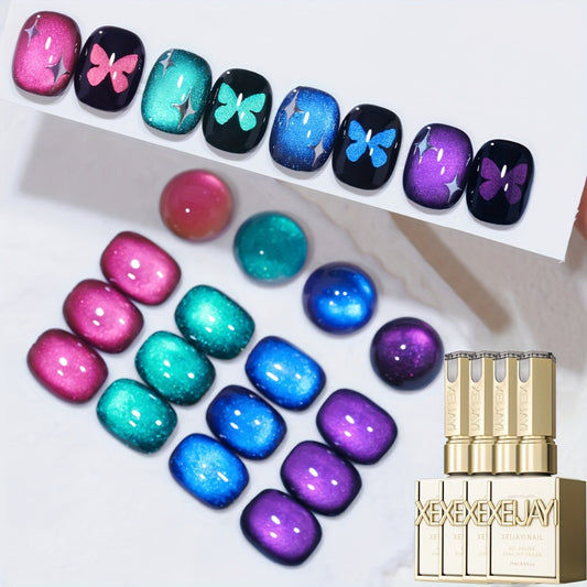 XEIJAYI Frame Bottle, Ultra-Bright Interstellar Galaxy Series Cat Eye 4-Color Set Gel Polish. Trendy Salon Cat Eye Nail Art with a Shiny Luster, Dazzling Cat Eye Effect, Strong And Non-Damaging to Nails, Salon-Quality Nail Art Design