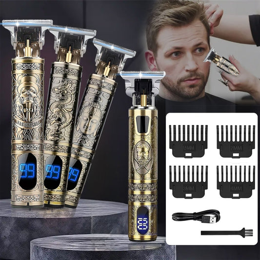 Cordless Hair Clipper Beard Trimmer for Men Rechargeable LED Display Vintage Golden Design Barbershop Shaver with Comb & Accessories Holiday Gift for Him